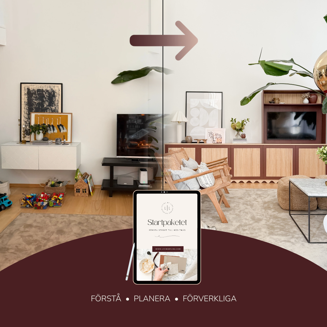 Före och efter styling av vardagsrum som visar hur Startpaketet hjälper dig skapa röd tråd och balans i inredningen genom rätt planering.